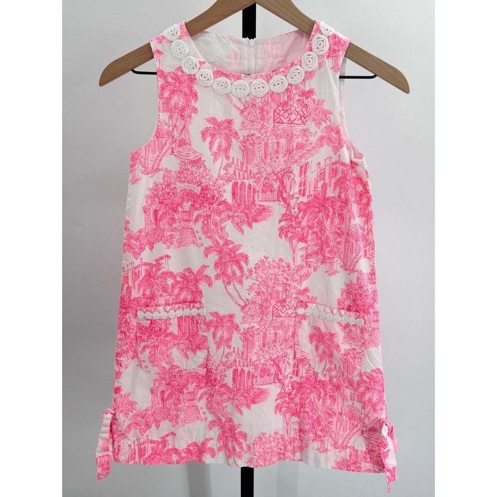 Lilly Pulitzer Girls Shift Dress Pink Toile Palm Print Crochet Trim Resort Wear